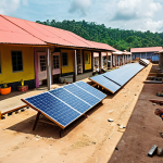 **A vibrant marketplace scene in Malaysia, showcasing local entrepreneurs (tukang kayu, tukang batu, contractors) engaged in a green housing project. Depict solar panel installation, sustainable building material use, and training for "kemahiran hijau". The atmosphere should be bustling with activity and opportunity.**
