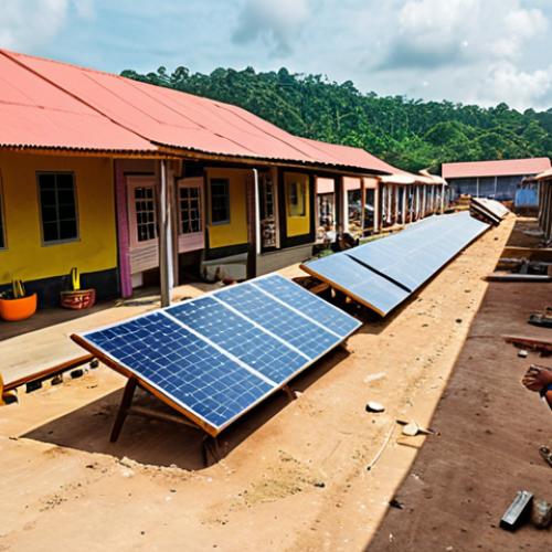 Home 11 **A vibrant marketplace scene in Malaysia, showcasing local entrepreneurs (tukang kayu, tukang batu, contractors) engaged in a green housing project. Depict solar panel installation, sustainable building material use, and training for "kemahiran hijau". The atmosphere should be bustling with activity and opportunity.**