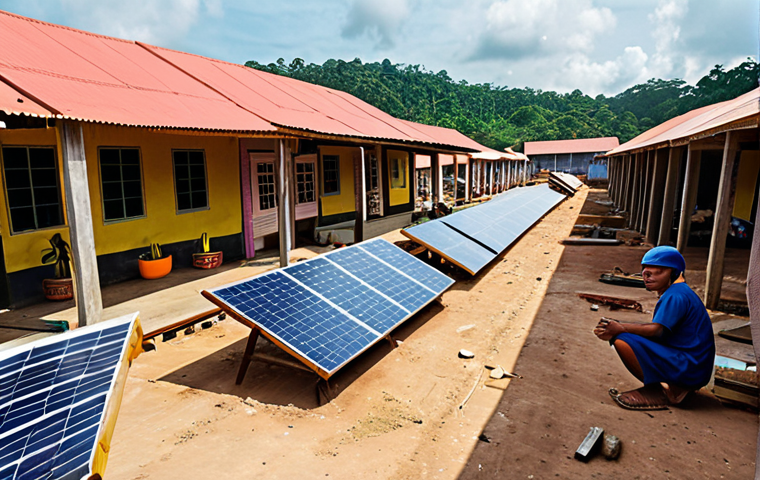 **A vibrant marketplace scene in Malaysia, showcasing local entrepreneurs (tukang kayu, tukang batu, contractors) engaged in a green housing project. Depict solar panel installation, sustainable building material use, and training for "kemahiran hijau". The atmosphere should be bustling with activity and opportunity.**