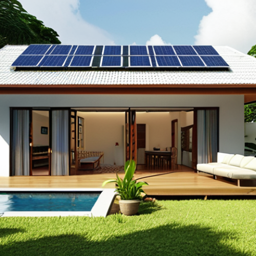 Home 6 **Prompt:** "A beautifully designed modern Malaysian home, featuring prominent rooftop solar panels. Sunlight bathes the house and its lush green garden, conveying a sense of energy independence and comfort. The overall image should evoke the feeling of a household enjoying a near-zero electricity bill, depicting sustainable living in a tropical climate. Realistic, photorealistic."