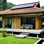 **

"A modern Malaysian house designed with bamboo as a primary building material, surrounded by lush tropical greenery. The house features large windows for natural light and a steeply pitched roof for efficient rainwater harvesting. Solar panels are integrated seamlessly into the roof design. Fully clothed family members are seen enjoying the outdoor space. Safe for work, appropriate content, professional architecture photography, perfect anatomy, natural proportions, modest design, family-friendly."

**