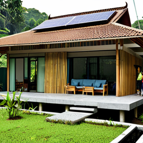 **

"A modern Malaysian house designed with bamboo as a primary building material, surrounded by lush tropical greenery. The house features large windows for natural light and a steeply pitched roof for efficient rainwater harvesting. Solar panels are integrated seamlessly into the roof design. Fully clothed family members are seen enjoying the outdoor space. Safe for work, appropriate content, professional architecture photography, perfect anatomy, natural proportions, modest design, family-friendly."

**