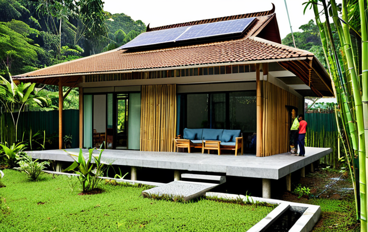 **

"A modern Malaysian house designed with bamboo as a primary building material, surrounded by lush tropical greenery. The house features large windows for natural light and a steeply pitched roof for efficient rainwater harvesting. Solar panels are integrated seamlessly into the roof design. Fully clothed family members are seen enjoying the outdoor space. Safe for work, appropriate content, professional architecture photography, perfect anatomy, natural proportions, modest design, family-friendly."

**