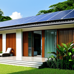 Solar Panel Efficiency**

"A modern Malaysian home with sleek solar panels fully integrated into the roof design, surrounded by lush tropical greenery, generating clean energy under a bright, sunny sky. Focus on the panels and how they blend aesthetically with the architecture. Safe for work, appropriate content, fully clothed people admiring the installation, professional, modest, family-friendly, perfect anatomy, natural proportions, professional photography, high quality."

**
