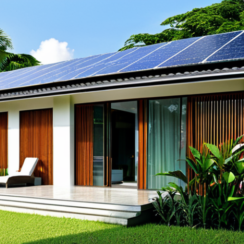 Solar Panel Efficiency**

"A modern Malaysian home with sleek solar panels fully integrated into the roof design, surrounded by lush tropical greenery, generating clean energy under a bright, sunny sky. Focus on the panels and how they blend aesthetically with the architecture. Safe for work, appropriate content, fully clothed people admiring the installation, professional, modest, family-friendly, perfect anatomy, natural proportions, professional photography, high quality."

**