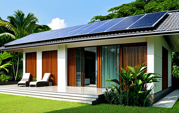 Solar Panel Efficiency**

"A modern Malaysian home with sleek solar panels fully integrated into the roof design, surrounded by lush tropical greenery, generating clean energy under a bright, sunny sky. Focus on the panels and how they blend aesthetically with the architecture. Safe for work, appropriate content, fully clothed people admiring the installation, professional, modest, family-friendly, perfect anatomy, natural proportions, professional photography, high quality."

**