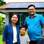 **

"Modern Malaysian family standing proudly in front of their new, eco-friendly home in Cyberjaya, featuring solar panels on the roof and lush greenery in the garden, fully clothed, appropriate attire, perfect anatomy, natural proportions, daytime, bright sunlight, safe for work, family-friendly, professional photograph, high resolution."

**