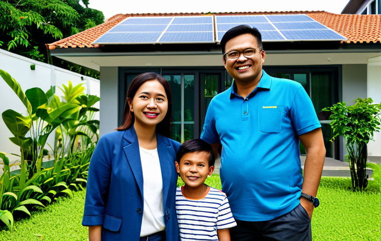 **

"Modern Malaysian family standing proudly in front of their new, eco-friendly home in Cyberjaya, featuring solar panels on the roof and lush greenery in the garden, fully clothed, appropriate attire, perfect anatomy, natural proportions, daytime, bright sunlight, safe for work, family-friendly, professional photograph, high resolution."

**